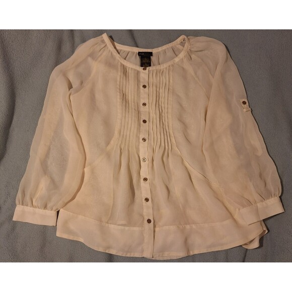 GRACE ELEMENTS Vintage Ivory Blouse Women L Roll up Long Sleeves Pleats - Picture 1 of 12